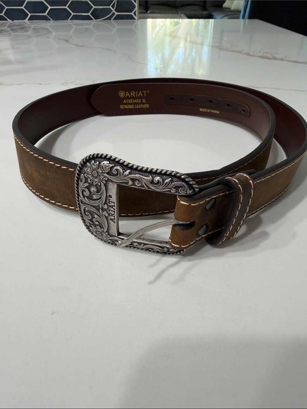 Ariat Brown Western Leather Belt with  Silver-Tone Buckle ~ XL